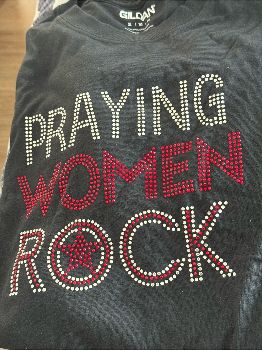 Praying Women Rock Embellished Cotton Black Tee - Picture 2 of 3
